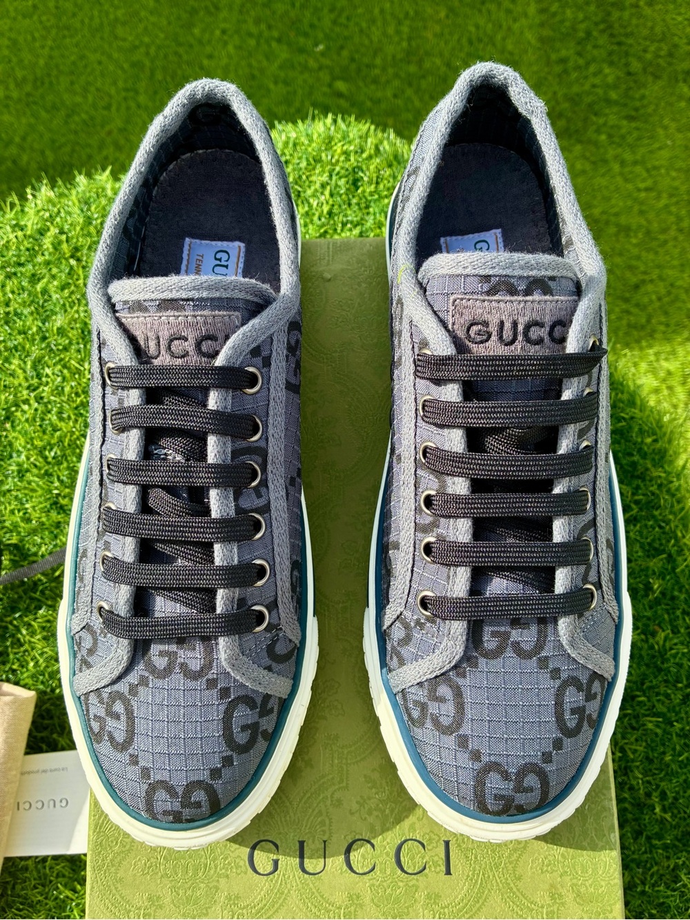 GUCCI TENNIS 1977 GREY BLACK GG SUPREME NEW MONOGRAM SNEAKERS SZ G8 EU 42 NEW!